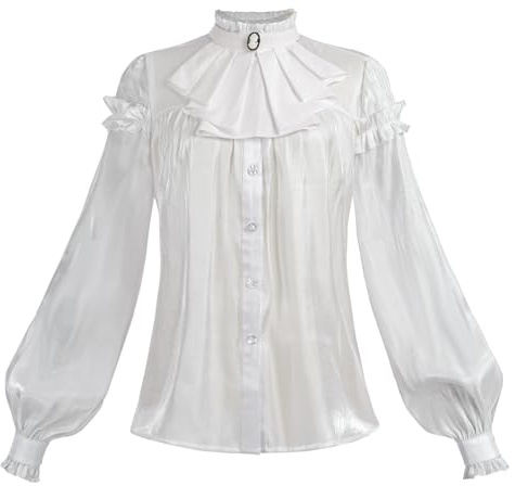 FCCAM Viktorianische Bluse Langarm Mittelalter Bluse Damen weiß Renaissance Bluse Rüschenbluse Viktorianische Shirt für Frauen