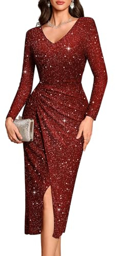 Bbonlinedress Damklänning, paljettklänning, lång aftonklänning, balklänning, cocktailklänning, maxiklänning med slits, glittrande klänning, formell klänning bröllopsgästklänning, Vinröd, L