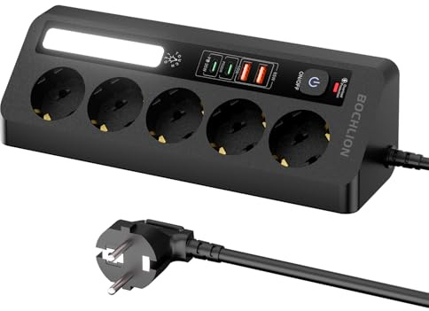 BOCHLION Tischsteckdosenleiste mit 5 Steckdosen mit 4 USB-Ports (PD35W+PD20W), Mehrfachsteckdose mit LED-Licht, Ecksteckdose mit Schalter und 1.8 m Kabel für Büro, Haus (schwarz)