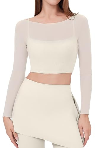 SEAUR Damen 2 in 1 Langärmliges Mesh Crop Top mit Integriertem BH Doppelschichtig Schnelltrocknend für Yoga Pilates Fitness Festival Athleisure Deutschland