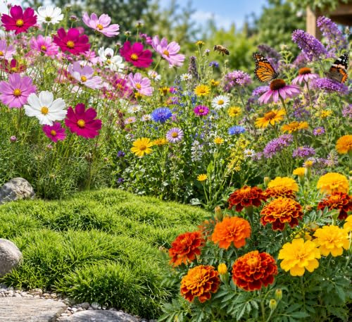KIT SEMENTI FIORI | 5 Bustine di SEMI | Cosmos bipinnatus mix | Fiori per api | Fiori per farfalle | Prato giapponese nano | Tagete