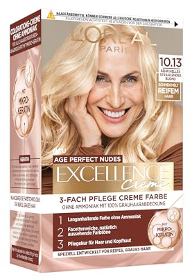 L’Oréal Paris Excellence Creme Age Perfect Nudes 10.13 Sehr Helles Strahlendes Blond, dauerhafte Haarfarbe, permanente Coloration, 100% Grauabdeckung, für reifes, dünnes Haar, 1 Stück