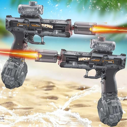2 Stück Elektrisch Wasserpistole für Erwachsene und Kinder, Automatische Sprühwasserpistole mit LED-Lichtern, Ultralange Standby, Ultralange Reichweite (2 Stück Grau)