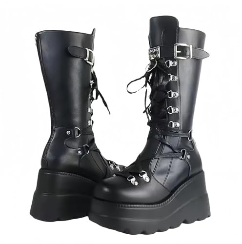 Jemnpela Stivali da Combattimento Donna Platform Punk con Dettagli Metallici Alti al Polpaccio Sopra il Ginocchio Suola a Zeppa Scarpe da Moto per Festival Musicali Halloween e Cosplay