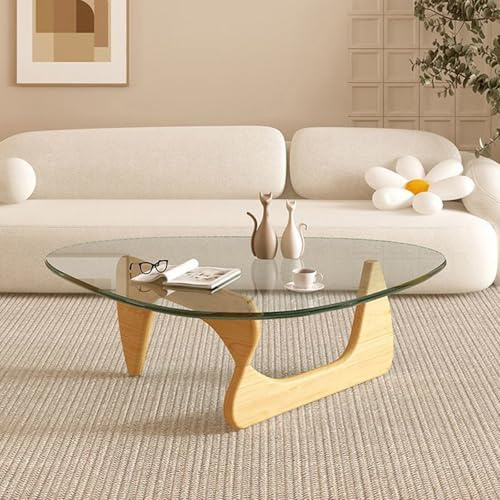 TlevadArt Couchtisch Glas, Dreieckiger Sockel aus Massivholz, Modernes Minimalistisches Design, Antikollisions-Abgerundete Ecken, für Wohnzimmer und Büros (Holzregal+Klarglas, 92x65x40cm)