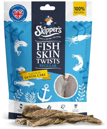 SKIPPER'S Fish Skin Twist Dog Chews Regular 250g, Grain Free Dental Sticks | Handmade, gently air-dried, long-lasting chew, supports dental health, hypoallergenic, natural ingredients