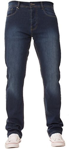 New Mens ENZO Stretch Straight Leg Regular Fit Classic Basic Denim Jeans (34W x 32L, Mid Stonewash)