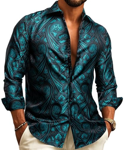Barry.Wang Men Shirts,Paisley Flower Woven Silk Dress Shirt Long Sleeve Big and Tall, Xlarge- B(24 inch)/W(23 inch)/ SW(19.5 inch),Teal