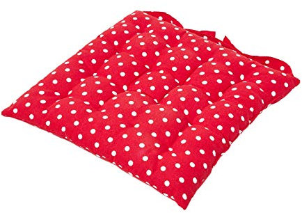 Homescapes gepunktetes Stuhlkissen 40 x 40 cm, rot, Sitzkissen für Stühle mit Bändern und Knopfverschluss, Bezug aus 100% Baumwolle, Polyester-Füllung, Polka Dots-Muster