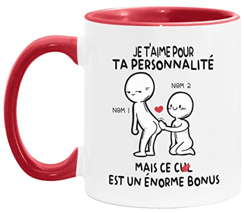 Lalasol Mug Bicolore Rouge/Blanc Personnalisé Humour - Idée Cadeau Drôle Rigolo Fun – Tasse Message Je T'aime Pour Ta Personnalité Mais Ce Cul Est Un Enorme Bonus - Imprimé en France