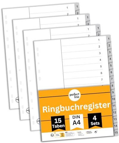 perfect line Ordner-Register DIN-A4 aus Kunststoff (PP), 15 Taben (15-teilig), 4er Set, Grau, Trennblätter für Akten-Ordner, recycelbar, Made in Germany