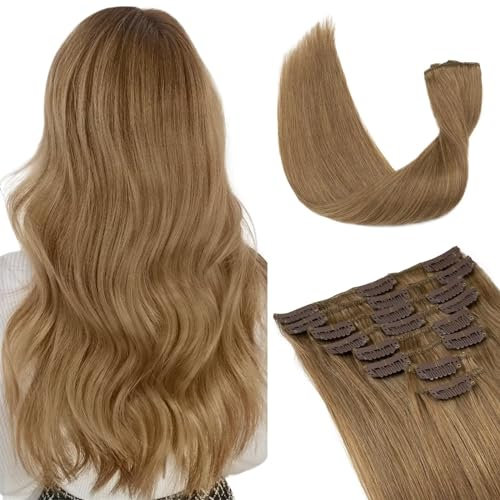 TESS Clip in Extensions Echthaar, 8pcs Clip in Haarverlängerung Remy Echt Haare Natürliche 18 Clips 8 Tressen Clip in Extensions Human Hair 70g 50 cm Mittelbraun