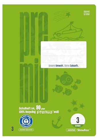 Staufen premio Schulheft - 4 Hefte je 16 Blatt, DIN A4, Lineatur 3 (14 Doppellinien), 90 g/m² Recyclingpapier, runde Ecken verhindern „Eselsohren“
