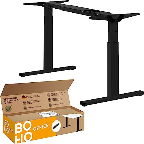 boho office® Höhenverstellbarer Schreibtisch Gestell - Made in Germany, Elektrisch stufenlos, 2 laufruhige Motoren, 3-Fach Teleskop, Kollisionsschutz - Premium Line Schwarz mit Retroschalter