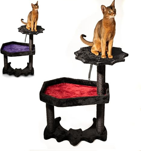 Gothic Cat Tree with Coffin Cat Bed, Gothic Cat Tower, Coffin cat Tree with Sisal Scratching Posts for Halloween cat, Large Size, Black with Red Littlesy