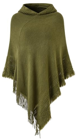 Ferand Ladies' Hooded Cape with Fringed Hem, Crochet Poncho Knitting Patterns for Women, Army Green