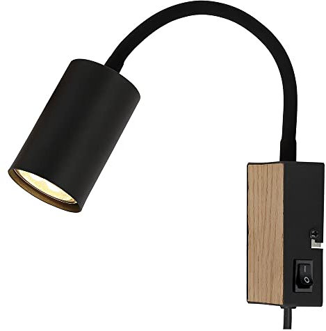 GLOBO Steckerleuchte GU10 Steckdosenlampe mit Schalter Küche Steckdosenleuchte schwarz mit schwenkbarem Spot, Holzoptik, Schwanenhals, GU10 Fassung, LxBxH 30x7x42,5cm