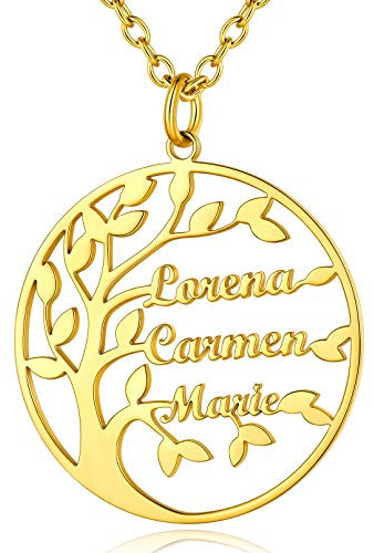 Custom4U Collier pour Maman 3 Prénoms Arbre de Vie Femme Or Pendentif de 3 Noms Arbre Généalogique à Graver avec Chaîne Réglable 50 cm