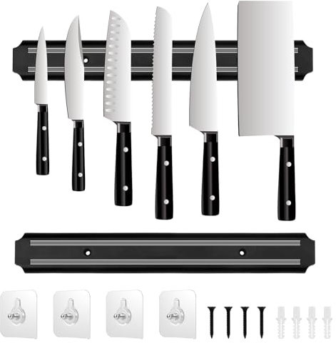 MOJIEZUO 2 Stück Magnetleiste Messer 38cm, Messerhalter Magnetisch aus Edelstahl, Magnetleiste Wandmontage, Schwarz Magnetleiste Selbstklebend mit Extra Starkem Magnet für Küche, Büro, Werkzeuge