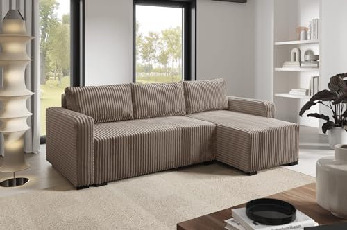 LIKMA Braun Ecksofa Cord Tilia mit Schlaffunktion und Bettkasten, 232x96x145 cm, Sofa L-Form, Schlafsofa mit Stauraum, Wohnlandschaft, Cord Sofa Schlafcouch Stoff: Tilia 17