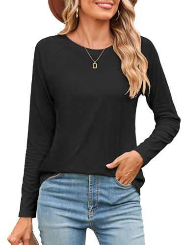 Beluring Langarmshirt Damen Lässig Rundhals Oberteile Raglanärmel Einfarbig Tunika Tshirt Schwarz L