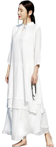 DAYKET Conjunto de Ropa de Tai Chi para Mujer, Traje Tradicional Chino de Kung Fu, Algodón y Lino, Mangas Tres Cuartos, Uniforme de Artes Marciales para Meditación Zen Wing Chun,White-M
