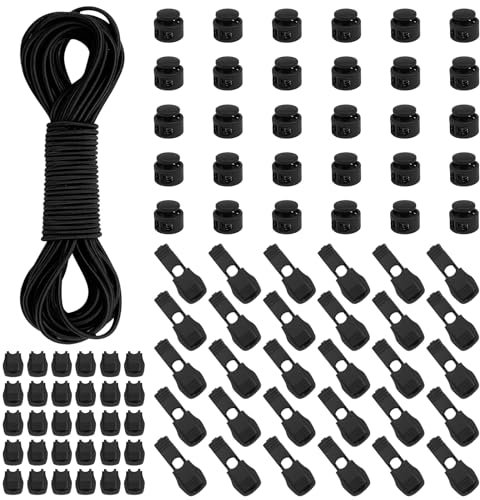 Cordoncino di gomma da 30 m, 3 mm, elastico nero, con 30 fermacorda, 2 fori, 30 morsetti per corda, elastico nero, cordoncino in gomma per coulisse, zaino, vestiti, fili per biancheria, fatti a mano