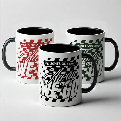 Sticky Art UK Lights Out - Checkered Mug: Lights Out and Away We Go F1 Start Quote Mug, Formula 1 Gift, Racing Gift for Him, for Dad, Stocking Filler