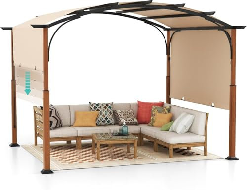 RELAX4LIFE Pergola Jardin Extérieur 3,6x3 M avec Auvent Rétractable, Tonnelle Pergola Métallique avec Toile Réglable Coulissante, Piquets de Sol, Protection UV, Tonnelle pour Jardin, Cour (Beige)