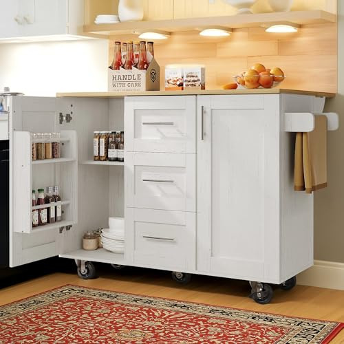 Cayipng Isla de Cocina con Ruedas Extraíbles, Carrito de Comedor con Cajón Divisorio y Toallero Lateral, Mueble Auxiliar con Barra de Trabajo, Estructura en Madera Natural y Color Blanco