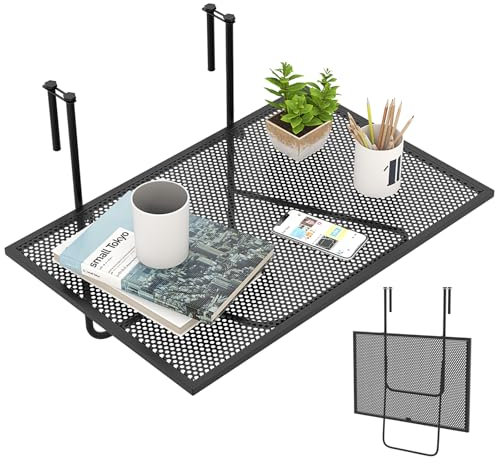 RELAX4LIFE Tavolino da Appendere con Ganci Regolabile, Tavolo Pieghevole per Ringhiere fino a 6 cm di Spessore, con Rete in Metallo, per Esterno e Interno, Buona Portata di 23kg, Nero (60,5x50,5x51cm)