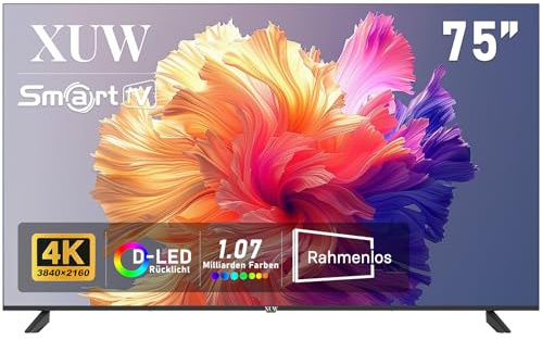 XUW 75 Zoll UHD 4K Smart TV, D-LED Hintergrundbeleuchtung Fernseher, randloses Design, HDMI USB DVB-T2/S2 RJ45 Schnittstelle, großer Bildschirm für Wohnzimmer, Schlafzimmer, Heimunterhaltung - schwarz