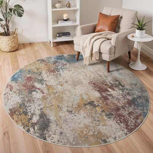 GENIMO Waschbarer Teppich Buntmix Ø 120 cm Modern Abstrakt Wohnzimmer Schlafzimmer rutschfest Kurzflor Weich Teppich für Wohnzimmer Esszimmer Büro