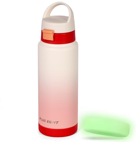 pluseight Insulated Water Bottle, 750ml(24oz) Leak Proof 18/8 Stainless Steel Vacuum Tumbler for Sports, Gym or Office, BPA-Free Keep Cold 24H Hot 12H (White-Red)