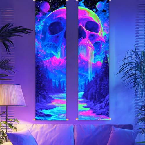 CRAFTYMELODY 2 Packung Schwarzlicht Totenkopf Wandteppich Im Dunkeln Leuchtend Galaxie Berg Fluss Skelett Wandteppich UV Reaktiv Wandbehang Mit Seil
