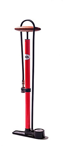SILCA Pista Pompe à pied pour vélo – Construction en acier avec poignée en bois – Mandrin Presta et Schrader de qualité supérieure – Base à pied unique – Manomètre haute pression 200 psi – Corps rouge