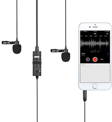 BOYA Dual Lavalier Microphone for Smartphone Camera Vlog, 157 Inch/4m BY-M1DM Dual-Head Lapel Universal Mic with 1/8 Plug Adapter for iPhone 11 X 8 7 Samsung Canon Nikon DSLR Camcorders PC Recorder