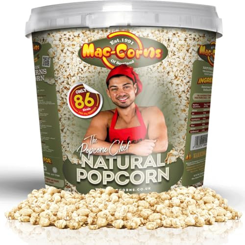 MacCorns Popcorn Chef Natural (Naked) Popcorn Bucket | 10ltr Reusable Bucket of Plain Popcorn | Crispy & Nutritious, Low Calorie Vegan Popcorn For Healthy Snacking | Free from GM, Dairy & Gluten