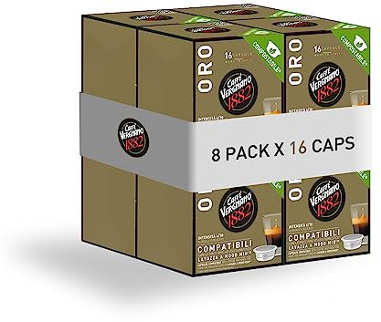 Caffè Vergnano 1882 - 128 pz Capsule Caffè Compatibili Lavazza A Modo Mio Compostabili, Oro ( 8 confezioni da 16 capsule)