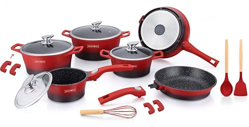 ROYALTY LINE, Juego de 17 piezas, Batería de cocina de aluminio fundido, revestimiento jaspeado, con mangos de silicona extraíbles, compatible con todas las fuentes de calor, 24-28 cm, Rojo