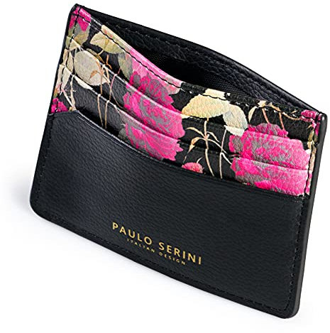 PAULO SERINI® Kartenetui Damen | Card Holder Kartenhalter Frauen mit 6 Kartenfächer & Fach für Geldscheine Münzen | Kreditkartenetui Geldbörse aus veganem Leder | Onyx Black mit Flowerprint