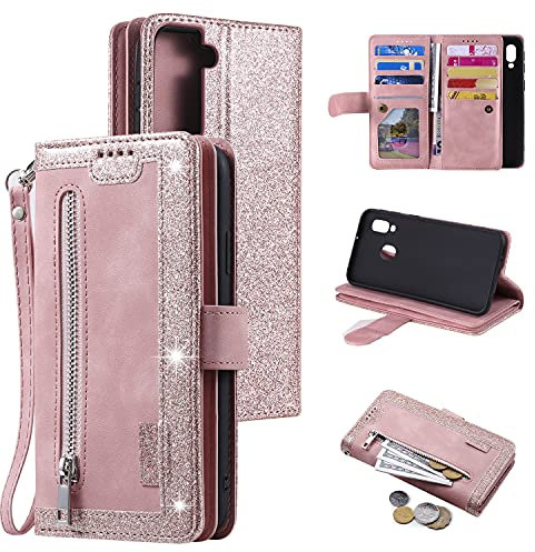 EYZUTAK Wallet Phone Case for Samsung Galaxy S21 FE 5G, Retro Matte 9 Card Holder Slots Zipper Pocket Case PU Leather Magnetic Closure Kickstand with Wrist Strap Shockproof Folio Flip Case-Rose Gold