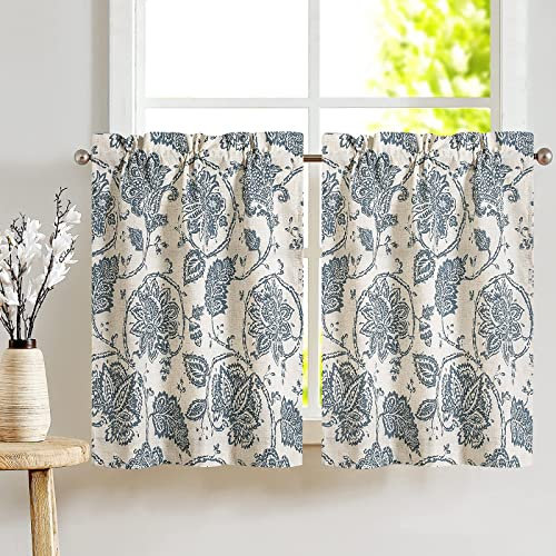 TOPICK Scheibengardine Leinen Vorhang Blumen Bedruckt Bistrogardine Halb Transparent Schals Scheibengardinen für Wohnzimmer Landhaus 2er-Set 65B x 90H (cm) Blau auf Beige