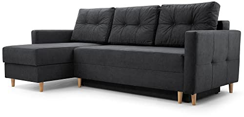 Ecksofa Schlafsofa Sofa Metro Couch DL-Klapp-System Schlaffunktion Bettkasten Kissen Bettzeugbehälter - Wohnzimmer Gästezimmer Stillvolles Kompaktes Funktionales Modern Design (Vena 20 L)