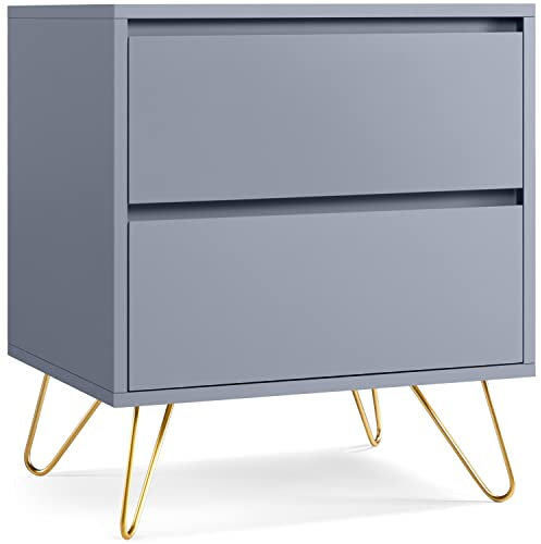Yaheetech Tables de Chevet Scandinave, Table de Nuit Adulte, 50 x 40 x 57 cm, Table d'Appoint de Salon en Bois, Pied en Métal, avec 2 Tiroirs, Gris