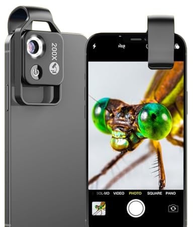 Yunseity 200X Phone Microscope, Mini Pocket Microphone Camera Lens Attachment with Universal Clip and LED Light, CPL Lens Embedded, for, Android 99% Smartphones(Black)