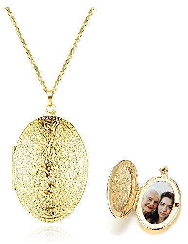 PiercingJak Collier Photo Médaillon Pendentif Ovale Ouvrant Personnalisé Gravé Fleur Vintage Porte Photo Cuivre Bijoux Cadeau Anniversaire Saint-Valentin Fête des Mères Femme Fille-Or