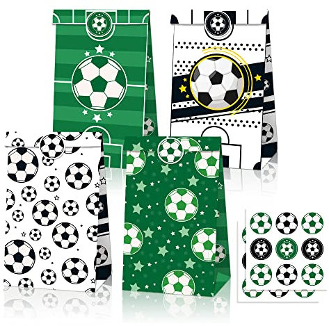 Dyroe Papiertüten Fußball, 12 Stück Fußball Geschenktüten Gastgeschenke Kinder, klein Geschenktüte Mitgebsel Tüten Papier mit 18 Aufkleber, für Kindergeburtstag Jungen Mädchen Ostertüten Candybag