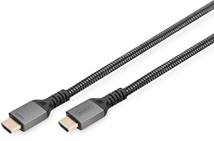DIGITUS Cable de conexión HDMI 2.1 Ultra High Speed - UHD-II - 8k/60Hz - 4k/120Hz - cable trenzado - 1,0m - compatible con PS5, Xbox Series, TV/beamer - contactos chapados en oro - negro/plata