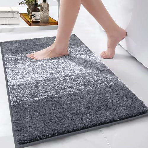 Enyhom Super Weich Badematten Grau Mikrofaser Hochflor Badezimmerteppich rutschfeste Maschinenwaschbar Badteppich Duschmatten Saugfähig Badvorleger, 60 x 90 cm